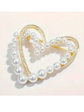 Brooch Pearl Heart Rhinestone Pin Crystal Gold Elegant Hollywood Glam Stylish